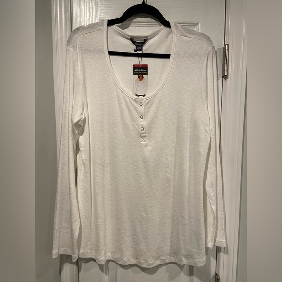 NWT Eddie Bauer Size XL White Cotton Scoop Neck Snap Long Sleeve Henley Top - Picture 1 of 14